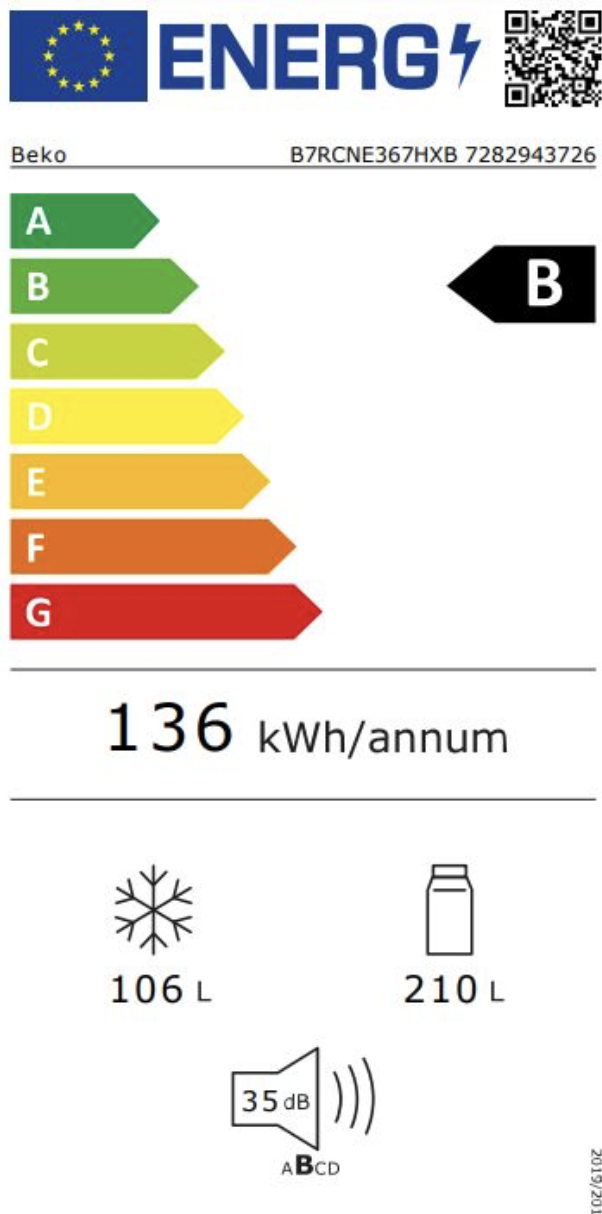 BEKO B7RCNE367HXB vrijstaande koel-/vriescombinatie - 186cm