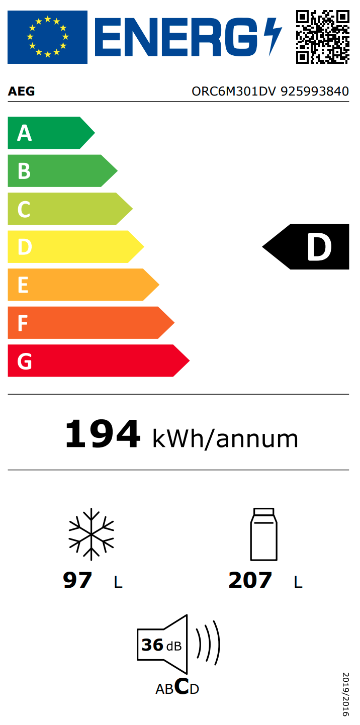 AEG ORC6M301DV vrijstaande koel-/vriescombinatie - 186cm